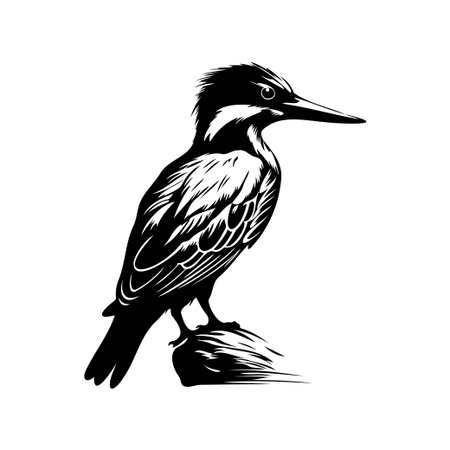 This striking black and white illustration showcases a kingfisher bird perched gracefully on a rock, highlighting its intricate feather details in a minimalist style.のイラスト素材
