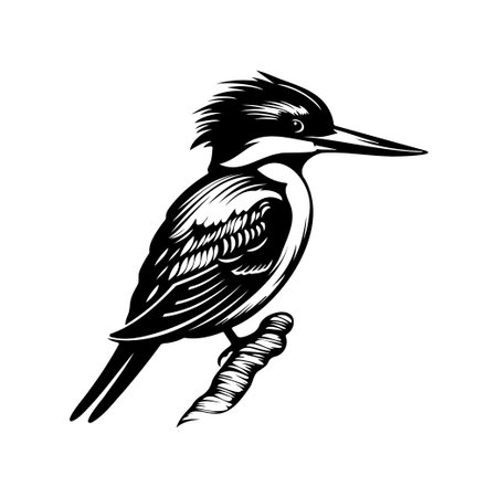 This black and white illustration features a detailed kingfisher bird perched gracefully on a branch, perfect for nature lovers and artistic projects.のイラスト素材
