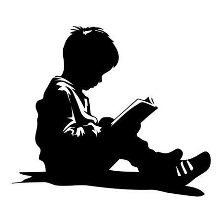 A beautiful silhouette depicting a child absorbed in reading a book while sitting comfortably. This image captures the joy of learning and imagination in childhood.のイラスト素材