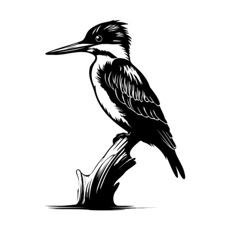 Explore a stunning black and white illustration of a kingfisher perched on a branch, showcasing intricate details and the elegance of natureのイラスト素材