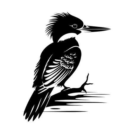 This striking illustration features a silhouette of a kingfisher perched on a branch, capturing the beauty of nature in a minimalist and elegant design.のイラスト素材