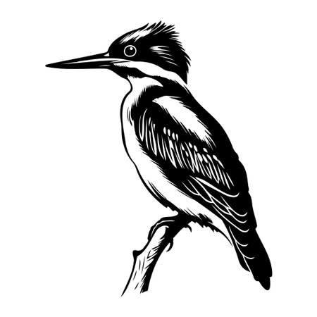 This black and white illustration features a kingfisher bird elegantly perched on a branch, showcasing intricate details of its feathers and pose. Perfect for nature lovers.のイラスト素材
