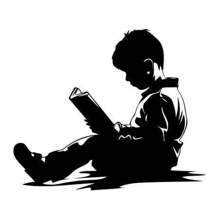 A striking silhouette of a young boy sitting on the floor deeply engrossed in reading a book. This image beautifully captures the essence of childhood curiosity and imagination.のイラスト素材
