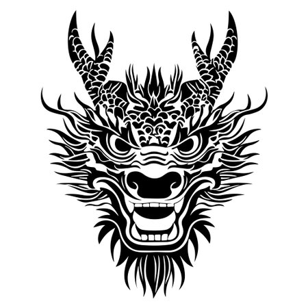 This detailed black and white illustration of a dragon head showcases intricate scales and fierce expressions, perfect for various creative projects and designs.のイラスト素材