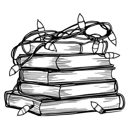 This hand-drawn illustration features a stack of books wrapped in Christmas lights, creating a cozy and festive atmosphere perfect for holiday reading and decor.のイラスト素材