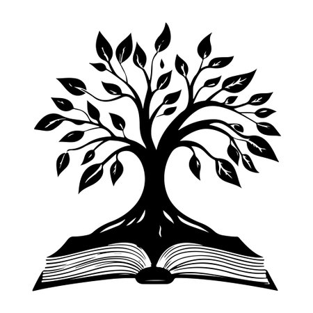 A striking black and white illustration depicting a tree growing from an open book, symbolizing the union of nature and knowledge in a creative design.のイラスト素材