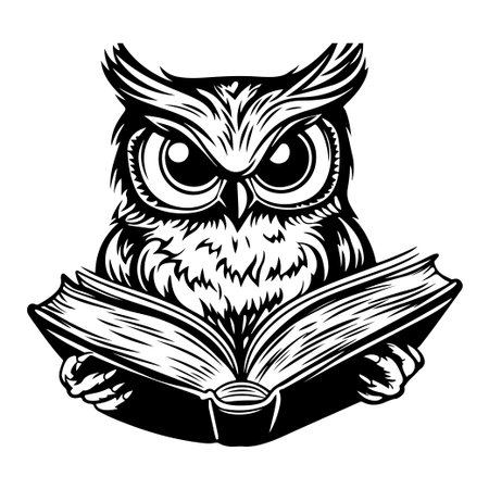 An artistic black and white illustration of a wise owl with an intense expression, holding an open book. Ideal for projects related to education and knowledge.のイラスト素材