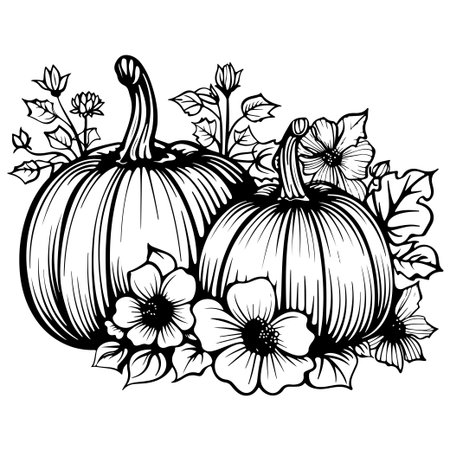 A detailed black and white illustration featuring two decorative pumpkins nestled among elegant flowers and leaves. Perfect for autumn-themed projects or seasonal decorations.のイラスト素材
