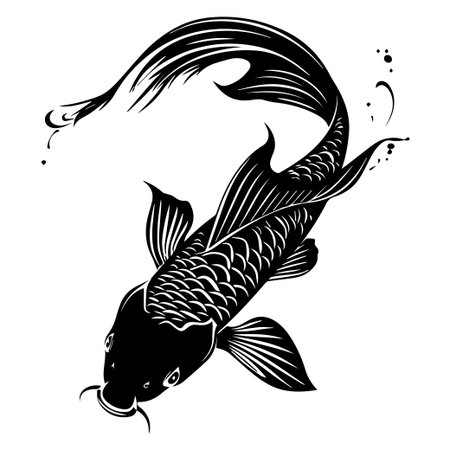 A stunning black and white illustration of a koi fish, featuring intricate details of its scales and flowing fins, perfect for artistic projects and designs.のイラスト素材