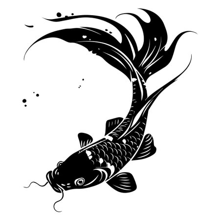 This stunning black and white illustration features a koi fish swimming gracefully, highlighted by its flowing fins and intricate detailing. Perfect for various decorative uses.のイラスト素材