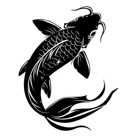 This striking black and white illustration of a koi fish captures elegance with flowing fins and intricate scales, perfect for art designs and tattoos.のイラスト素材