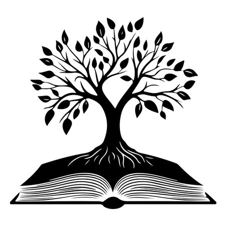 This artistic design showcases a flourishing tree emerging from an open book, symbolizing the connection between nature and knowledge in a striking monochrome style.のイラスト素材