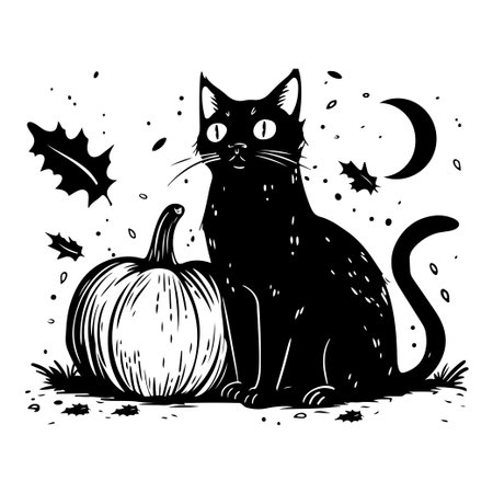 A whimsical illustration featuring a black cat sitting beside a pumpkin, surrounded by autumn leaves and a crescent moon, perfect for Halloween and fall themes.のイラスト素材
