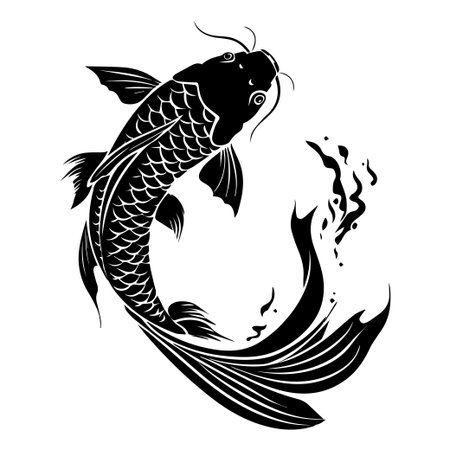 This striking black koi fish design showcases elegant lines and swirling water elements, perfect for art, decoration, or creative projects inspired by nature.のイラスト素材
