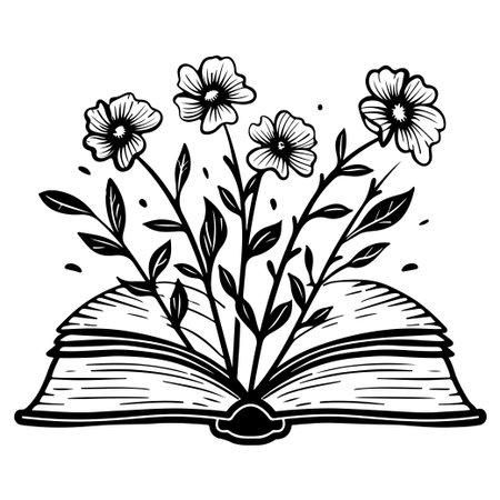 An enchanting illustration of an open book with flowers emerging from its pages, representing the symbiosis of nature and knowledge. Perfect for art and education use.のイラスト素材