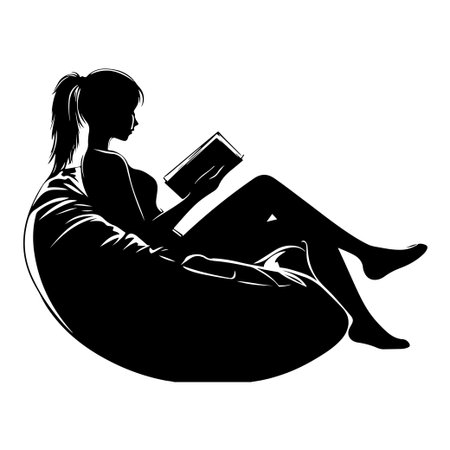 A serene silhouette of a woman enjoying a book while relaxing on a plush bean bag chair, capturing the essence of comfort and tranquility in a cozy indoor space.のイラスト素材