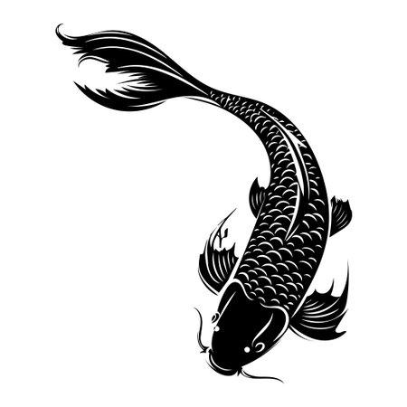 This striking black and white illustration of a fish emphasizes detailed scales and a flowing tail. Ideal for artistic projects, this design exudes elegance and simplicity.のイラスト素材