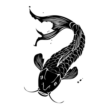 This artistic illustration features an elegant black koi fish, showcasing detailed scales and graceful movement. Ideal for themes of nature and tranquility.のイラスト素材
