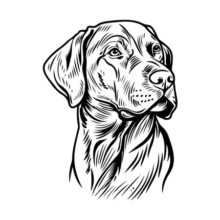 This detailed line art illustration features a Labrador Retriever dog portrait, showcasing the dog's expressive face and unique features in a striking black and white design.のイラスト素材
