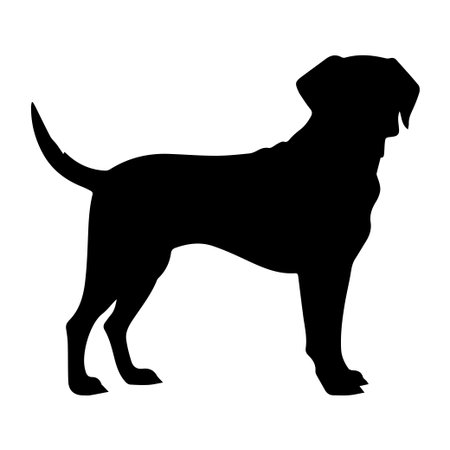 A visually striking black silhouette of a dog standing in profile, ideal for artistic projects, logos, and branding in animal-related themes.のイラスト素材