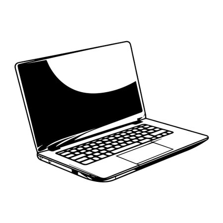 Simple outline of a modern laptop with an open screen and keyboard, perfect for design projects related to technology, remote work, and digital innovation.のイラスト素材