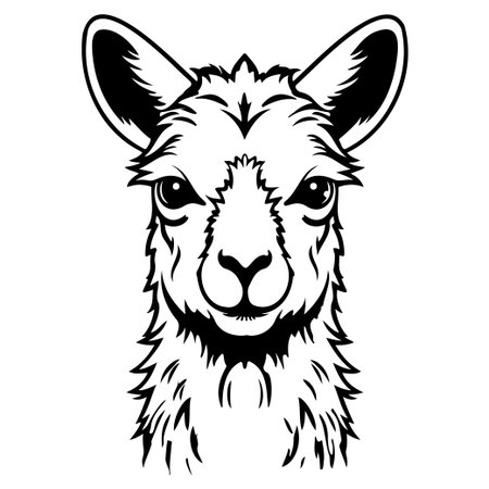 A striking black and white illustration of a llama's head featuring detailed fur and expressive features, perfect for art projects and nature-themed designs.のイラスト素材