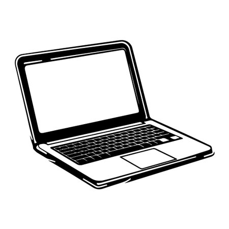 A minimalist illustration of a modern laptop with an open screen and a sleek keyboard, ideal for technology, business, and creative projects in various formats.のイラスト素材
