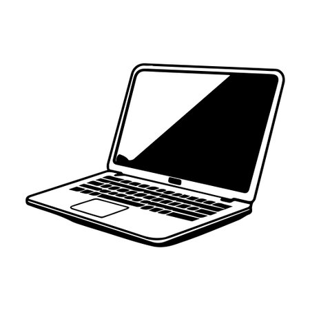 This black and white illustration of a laptop features a blank screen, ideal for technology-related concepts, workspace designs, and minimalist artwork.のイラスト素材