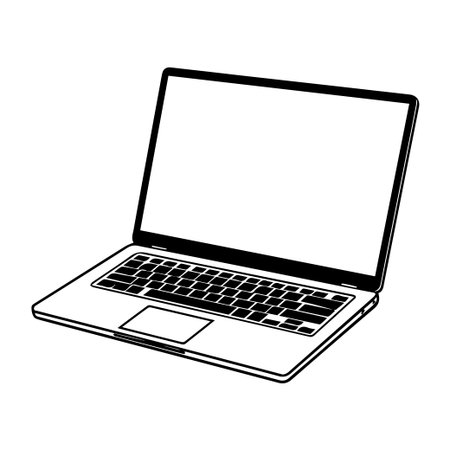 This black and white illustration showcases a modern laptop with an open screen and keyboard layout, perfect for design and tech-related projects or content.のイラスト素材