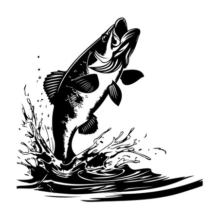 This striking black and white illustration captures the dynamic moment of a bass fish leaping out of the water, creating vibrant splashes and waves.のイラスト素材