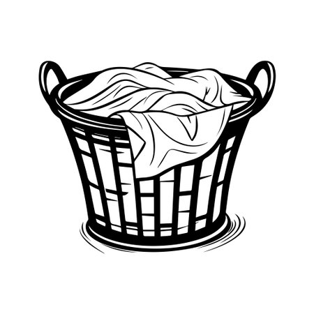This black and white illustration features a laundry basket filled with clothes, perfect for projects related to cleaning, home care, and housekeeping themes.のイラスト素材