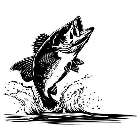 This striking black and white illustration captures a freshwater fish leaping from the water, creating a dynamic splash, perfect for nature and fishing enthusiasts.のイラスト素材