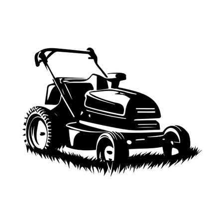 This detailed silhouette of a vintage lawn mower showcases its design and highlights the importance of gardening and lawn maintenance in outdoor settings.のイラスト素材