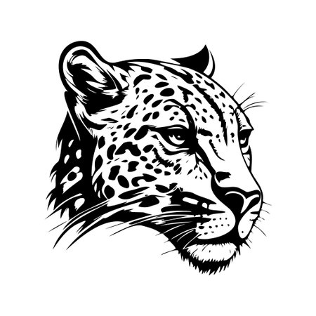 This captivating black and white illustration of a leopard head showcases intricate details and expressive features, perfect for art projects and decor.のイラスト素材