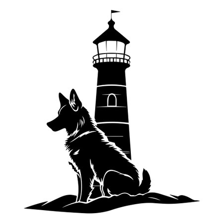 A striking silhouette of a dog sitting majestically in front of a lighthouse, embodying a sense of adventure and coastal tranquility in a stunning visual composition.のイラスト素材