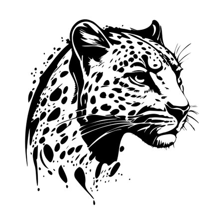 This striking black and white illustration captures the fierce beauty of a leopard's head, showcasing intricate details and bold spots, ideal for art and design projects.のイラスト素材