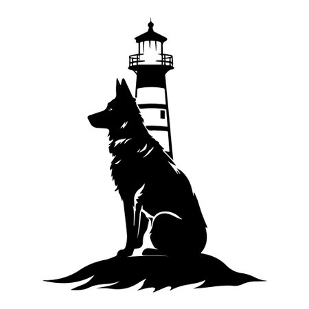 This artistic black and white silhouette features a dog sitting majestically near a lighthouse on a coastal landscape at sunset, conveying tranquility and adventure.のイラスト素材