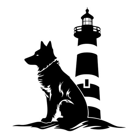 A striking silhouette of a dog sitting peacefully beside a tall lighthouse, capturing the tranquil essence of coastal life and the bond between nature and animals.のイラスト素材