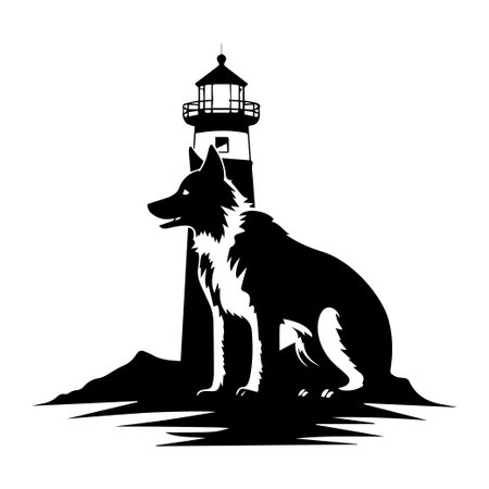 A captivating silhouette of a dog sitting by a lighthouse, creating a serene and tranquil scene with ocean waves, rocky shore, and a peaceful ambiance.のイラスト素材