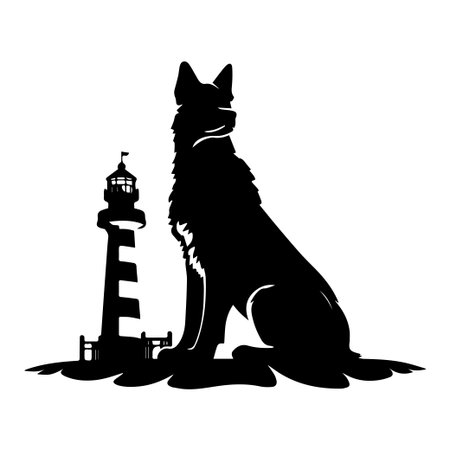 This striking silhouette features a dog sitting beside a lighthouse, embodying themes of loyalty and guidance against a tranquil backdrop, perfect for maritime projects.のイラスト素材