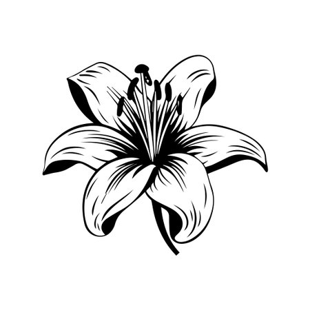 This stunning black and white illustration depicts a lily flower with intricate details and graceful petals, perfect for creative and decorative projects.のイラスト素材