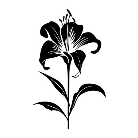 Discover an elegant silhouette of a lily flower, showcasing intricate details of petals and leaves, perfect for art projects, decor, and nature-inspired designs.のイラスト素材