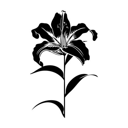 This elegant black and white illustration showcases a detailed lily flower with leaves, perfect for modern art, floral design, or home decor projects.のイラスト素材
