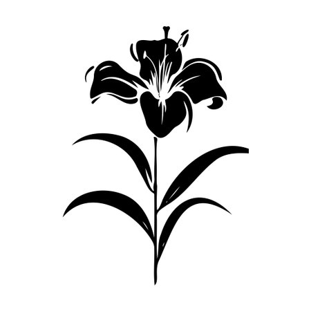 This elegant black and white silhouette of a lily flower is perfect for artistic designs, creative projects, and minimalist decor, capturing natural beauty.のイラスト素材
