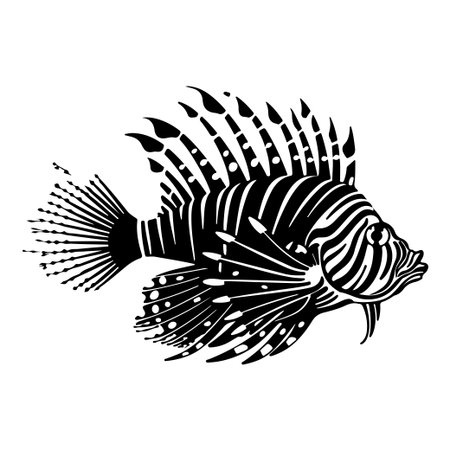 A stunning black and white illustration of a lionfish showcasing intricate fins and features, perfect for marine life themes, artistic projects, or educational materials.のイラスト素材