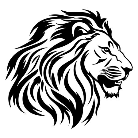 This striking illustration features a bold black and white lion head with an intricate mane and powerful expression, perfect for various creative projects and designs.のイラスト素材