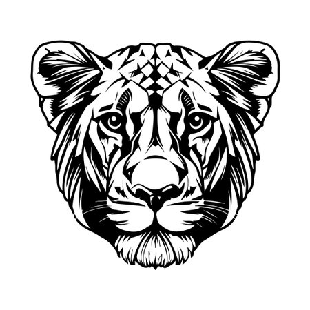 Captivating black and white lion illustration featuring intricate details and bold lines, perfect for creative projects, branding, or decorative purposes.のイラスト素材