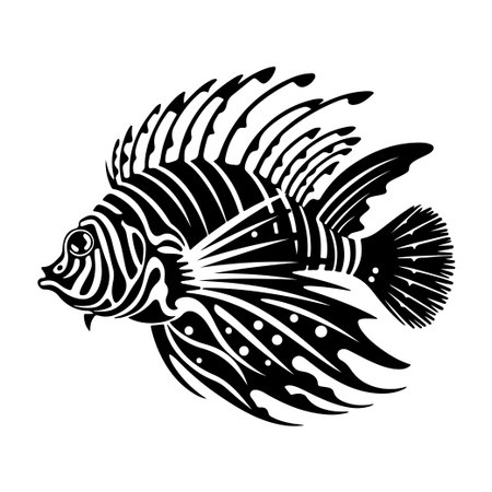 This stunning black and white illustration of a lionfish features elegant line patterns and unique fin designs, perfect for art or educational purposes.のイラスト素材