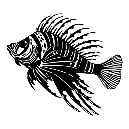 This detailed black and white illustration showcases a lionfish with intricate fins, perfect for marine-themed projects, educational materials, or artistic decor.のイラスト素材