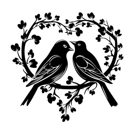This beautiful illustration features two elegant birds nestled together on a branch, framed by delicate foliage in a heart shape, symbolizing love and connection.のイラスト素材